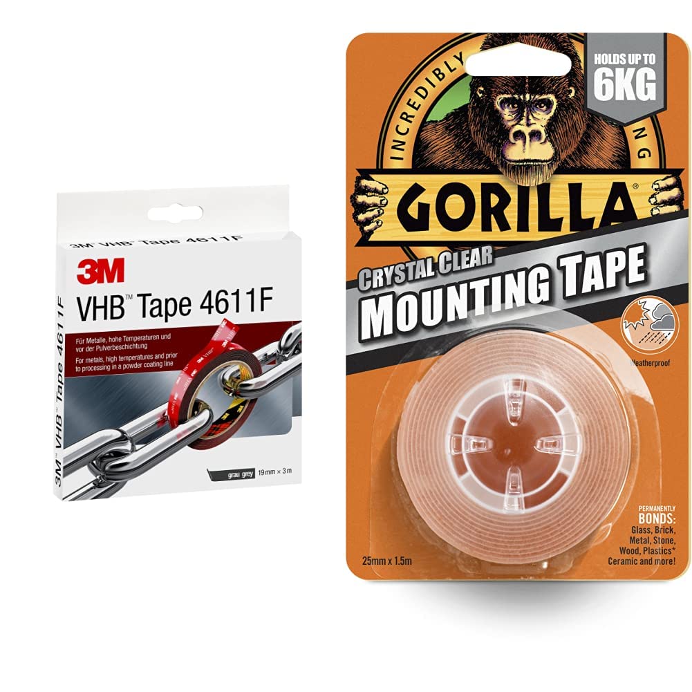 3M VHB 4611 Double Sided Adhesive Tape, 19 mm x 3 m, Thickness 1.1 mm, Grey & Gorilla Double