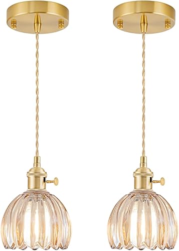 Paquete de 2 mini luces colgantes para isla de cocina, pequeña lámpara colgante ajustable con pantalla de cristal de tulipán ámbar, iluminación disponible en Yaxa Costa Rica