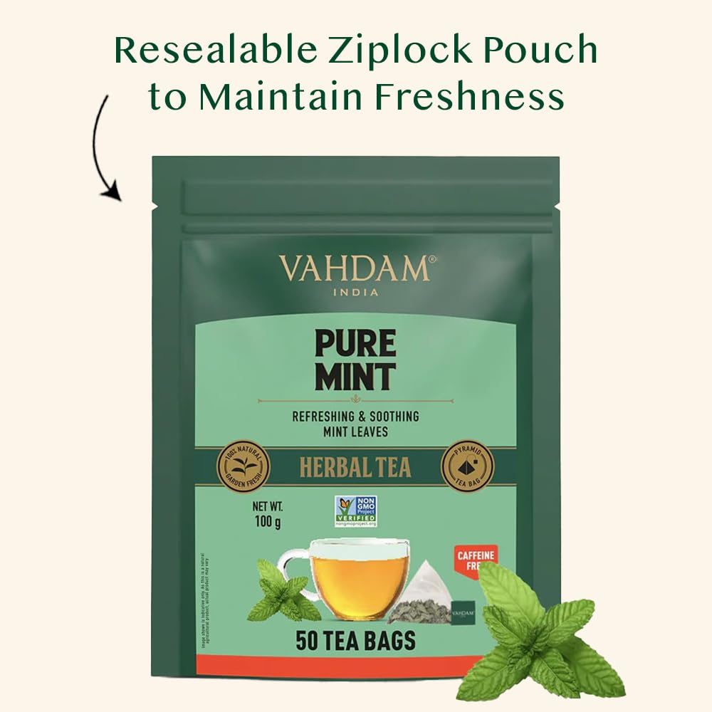 VAHDAM, Pure Mint Infusion Bags – 50 Pyramid Bags | Caffeine Free, Non-GMO, Gluten-Free | Botanical Tisane – Sweet & Minty | Resealable Ziplock Pouch 1