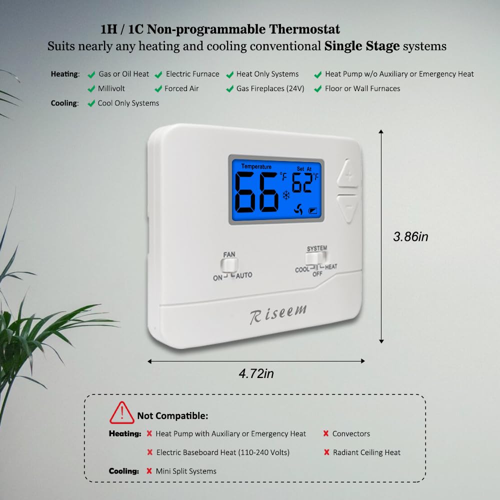 Digitales nicht programmierbares Thermostat für einstufige Heimsysteme, 1 Wärme/1 Kühlung, einfache Selbstmontage, blaue Hintergrundbeleuchtung