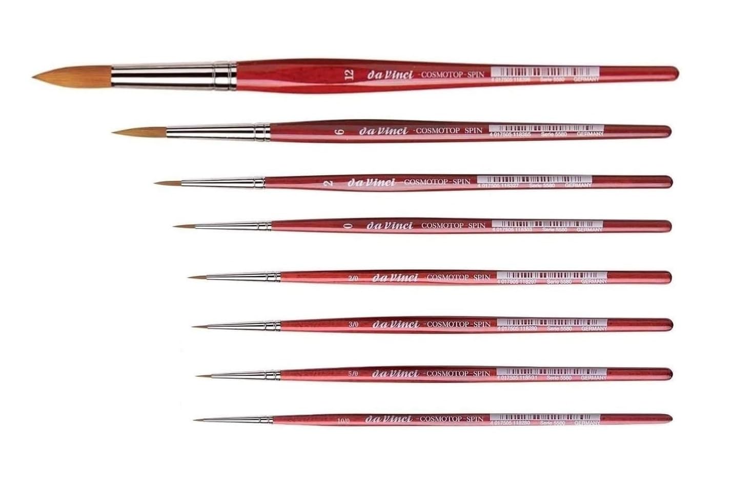 Seria Da Vinci 5580 cosmotop Spin Braun - Zestaw 8 akwarelowych pędzli syntetycznych, nr 0/10, 0/5, 0/3, 0/2. 0, 2, 6, 12 Wyprodukowano w Niemczech