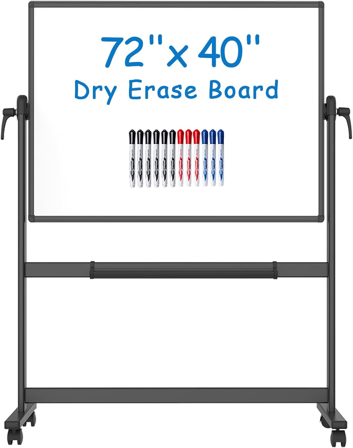 VIZ-PRO Pizarra blanca móvil magnética de doble cara de 72 x 40 pulgadas, marco y soporte de aluminio negro, con 12 marcadores