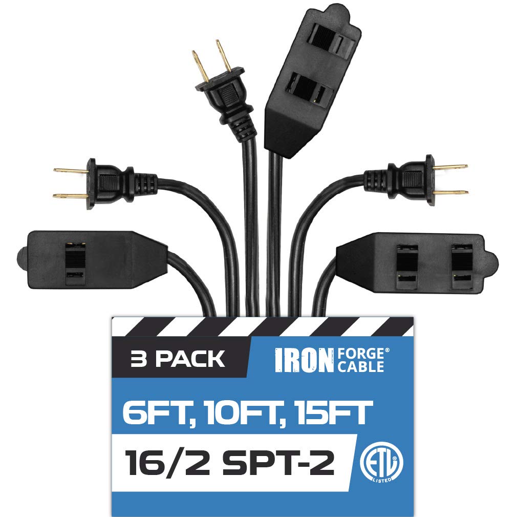 Iron Forge Cable Black Extension Cord with 3 Outlets, 3 Pack of 6ft, 10ft, & 15ft - 16/2 SJTW 2 Prong Indoor Extension Cord with Multiple Outlets