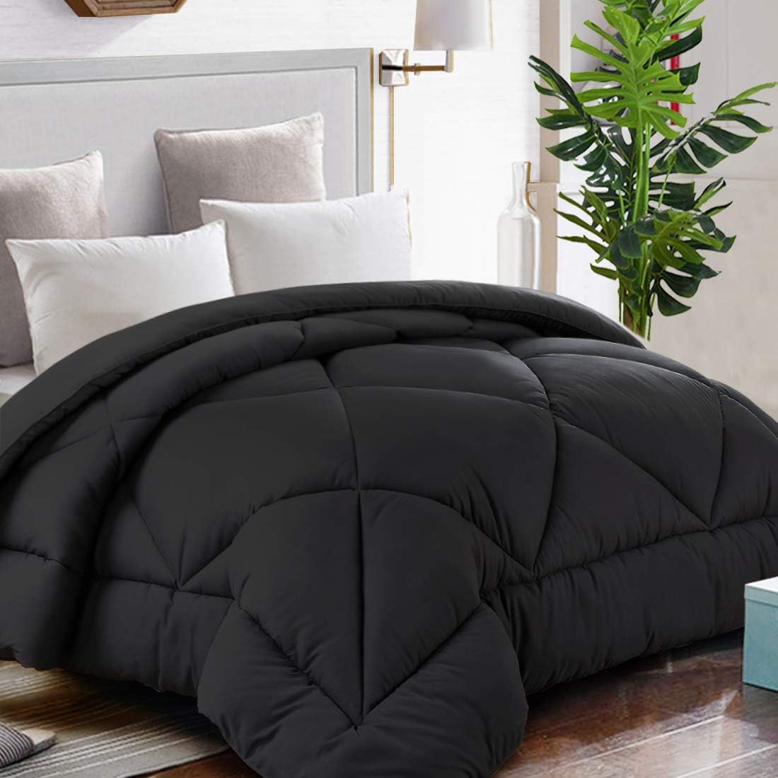 TEKAMON All Season Twin Comforter Winter Warm Summer Soft Quilted Down Alternative Duvet Insert Corner Tabs, Machine Washable Luxury Fluffy Reversible Collection for Hotel, Black Pearl Black Twin?64" X 88"?