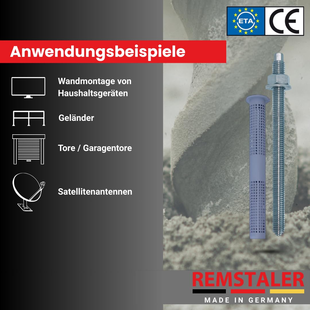 10x Remstaler ANKERSTANGE + SIEBHÜLSE im SET | verzinkt o. Edelstahl | Injektionsmörtel | Verbundmörtel (M12x135 / SH 16x85)
