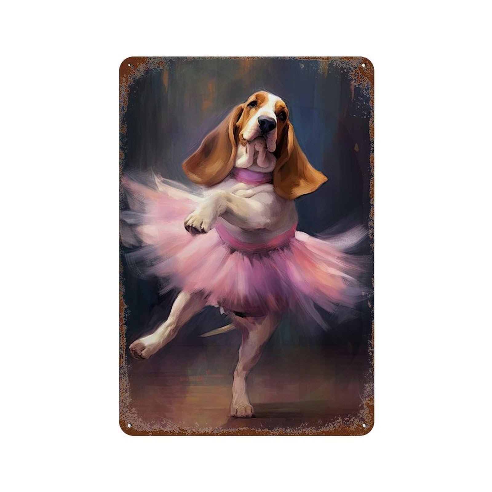 Decorative Tin Sign with Basset Hound Ballerina Design 11.8"x7.9", for Garage, Bar And Workshop Decor, Decorative Metal Wall Art