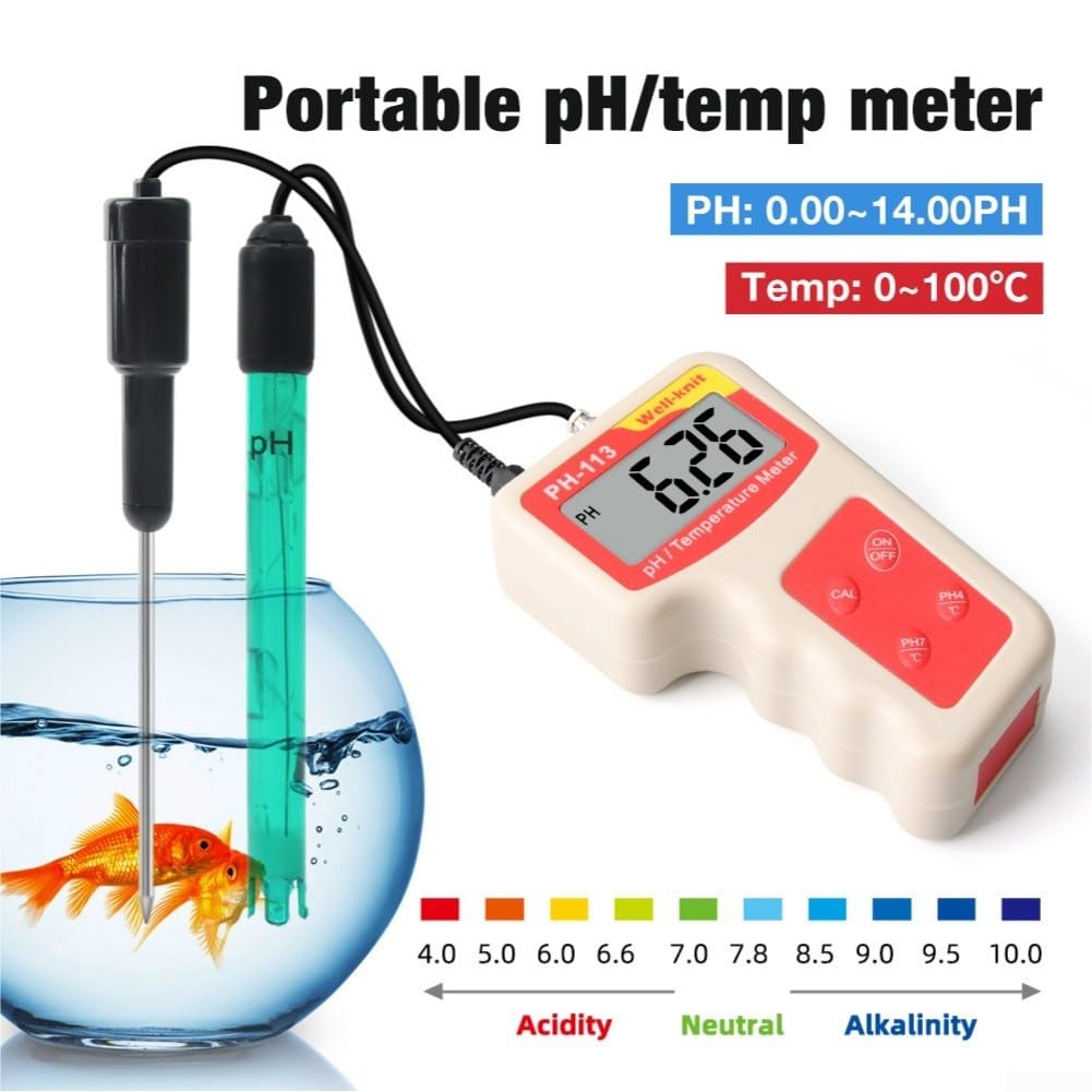 Alto medidor de pH digital y probador de temperatura 0 a 14 Ph Pantalla LCD grande Compensación automática para acuario pecera estanque rojo