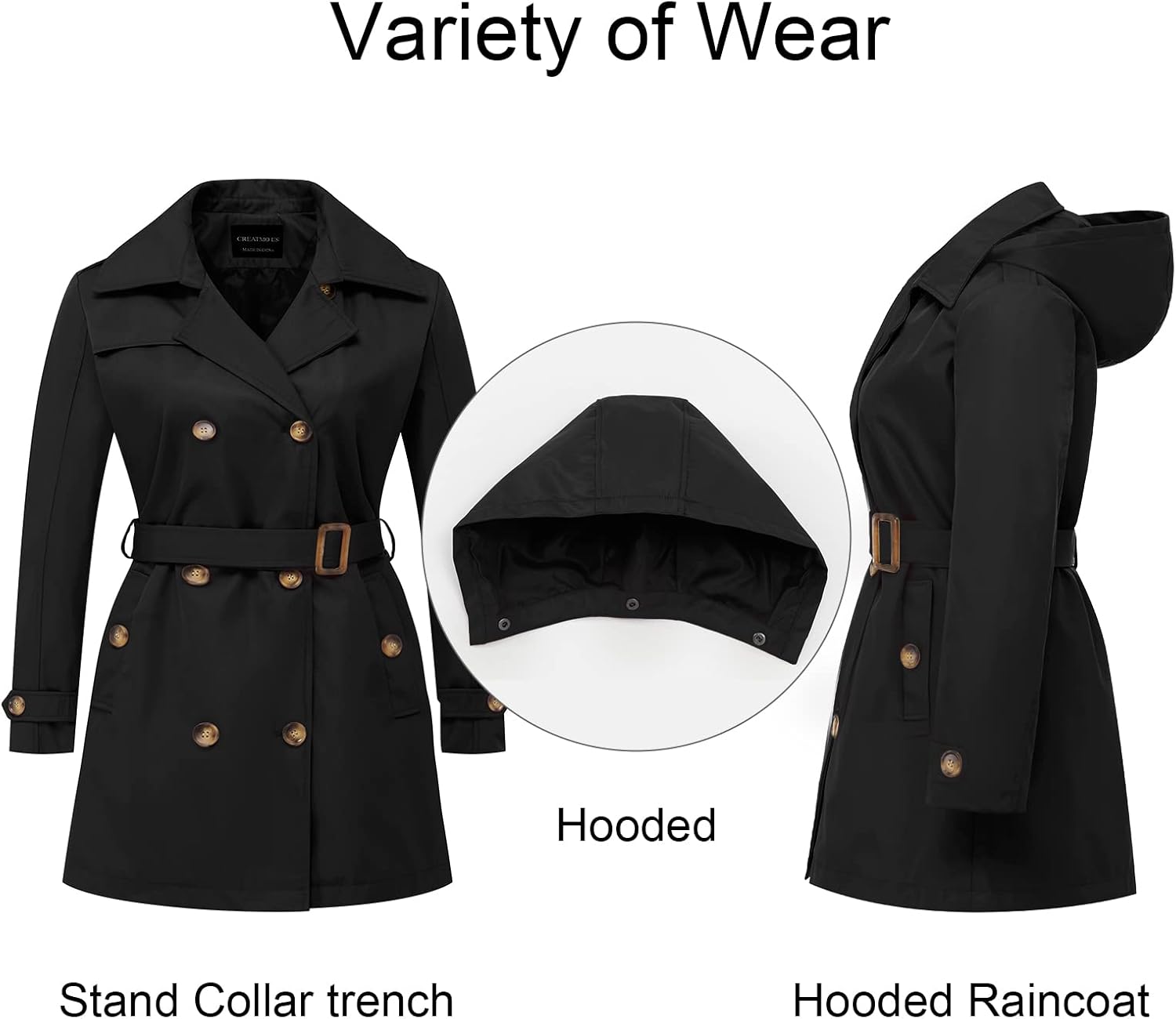 CREATMO US Women's Plus Size Trench Coat Double-Breasted Classic Lapel Overcoat Belted Outerwear Coat with Detachable Hood - Image 3