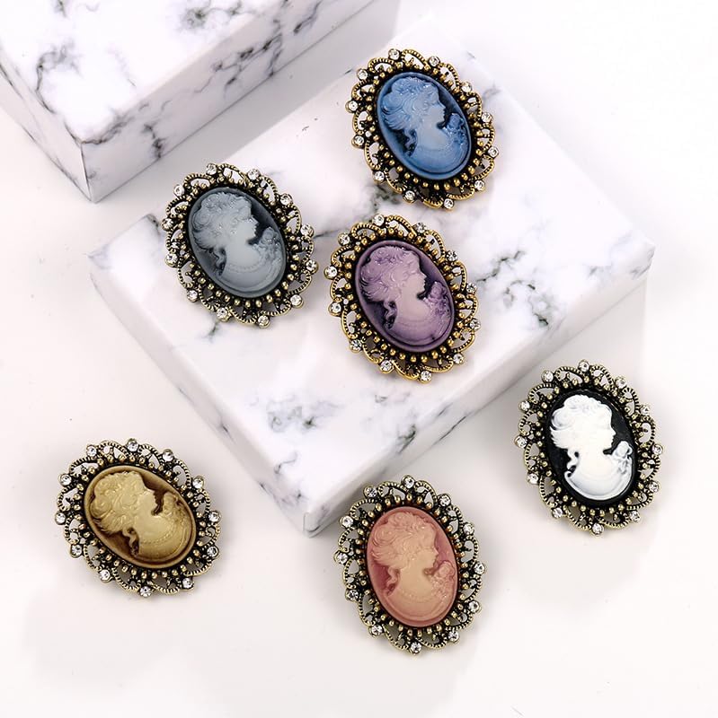 MALOYANVE 6 Pcs Vintage Queen's Cameo Brooch Pins for Women Antique Crystal Oval Lady Portrait Victorian Style Scarf Lapel Pin Corsage Clothes Accessories Party Banquet Jewelry Gifts image 5