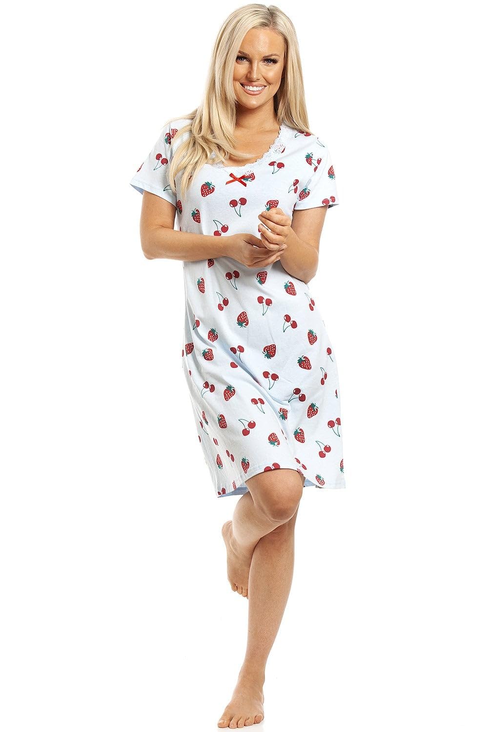 Camille Women's Blue Strawberry Print Cotton Summer Nightshirt In | Size: 14/16