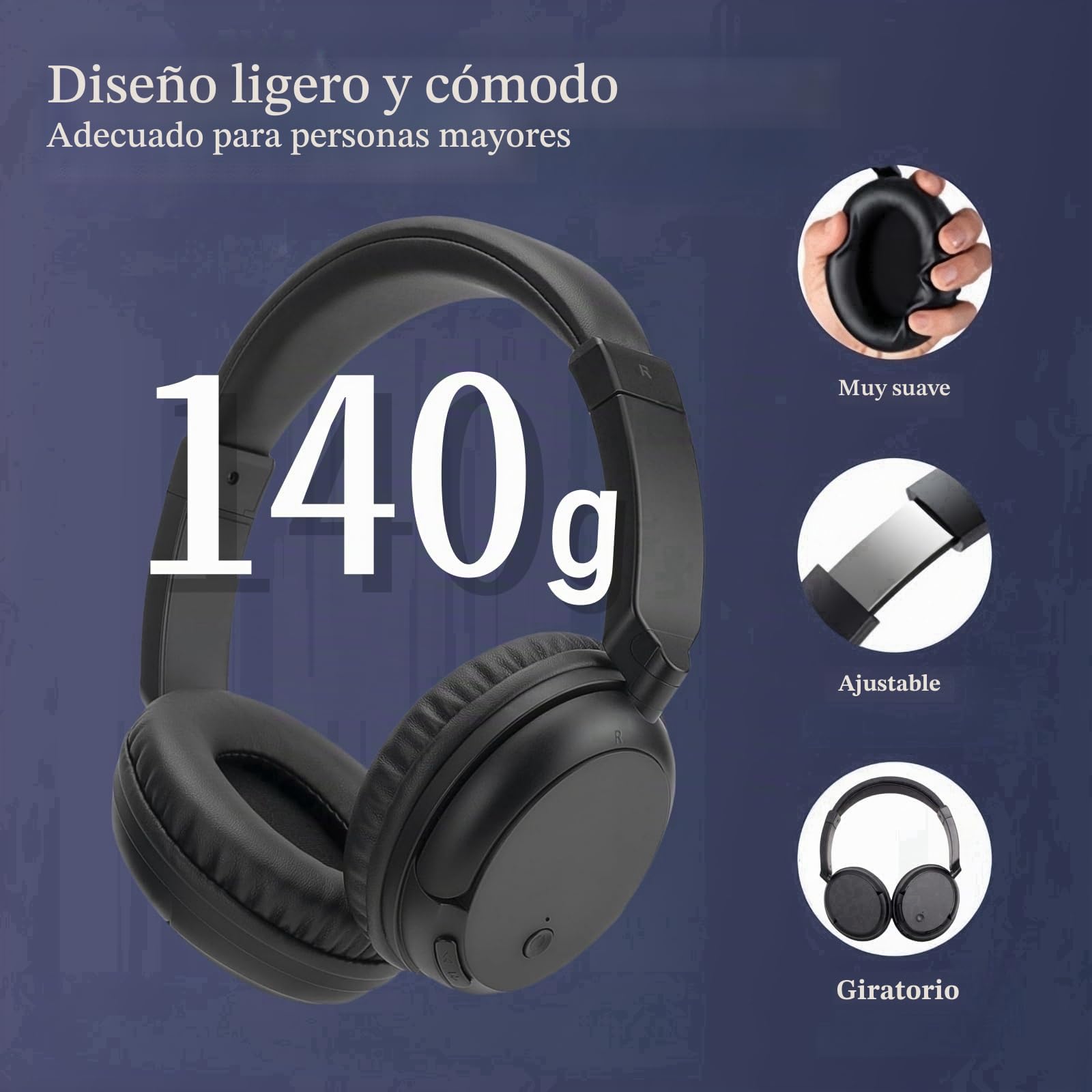 Auriculares Inalámbricos Bluetooth 5.3 Para Tv, Auriculares Inalámbricos Para Tv Aptos Para Personas Mayores, 30 Horas de Reproducción, Aptos Para Viajar/Móvil/Ordenador, Peso 140g - Negro