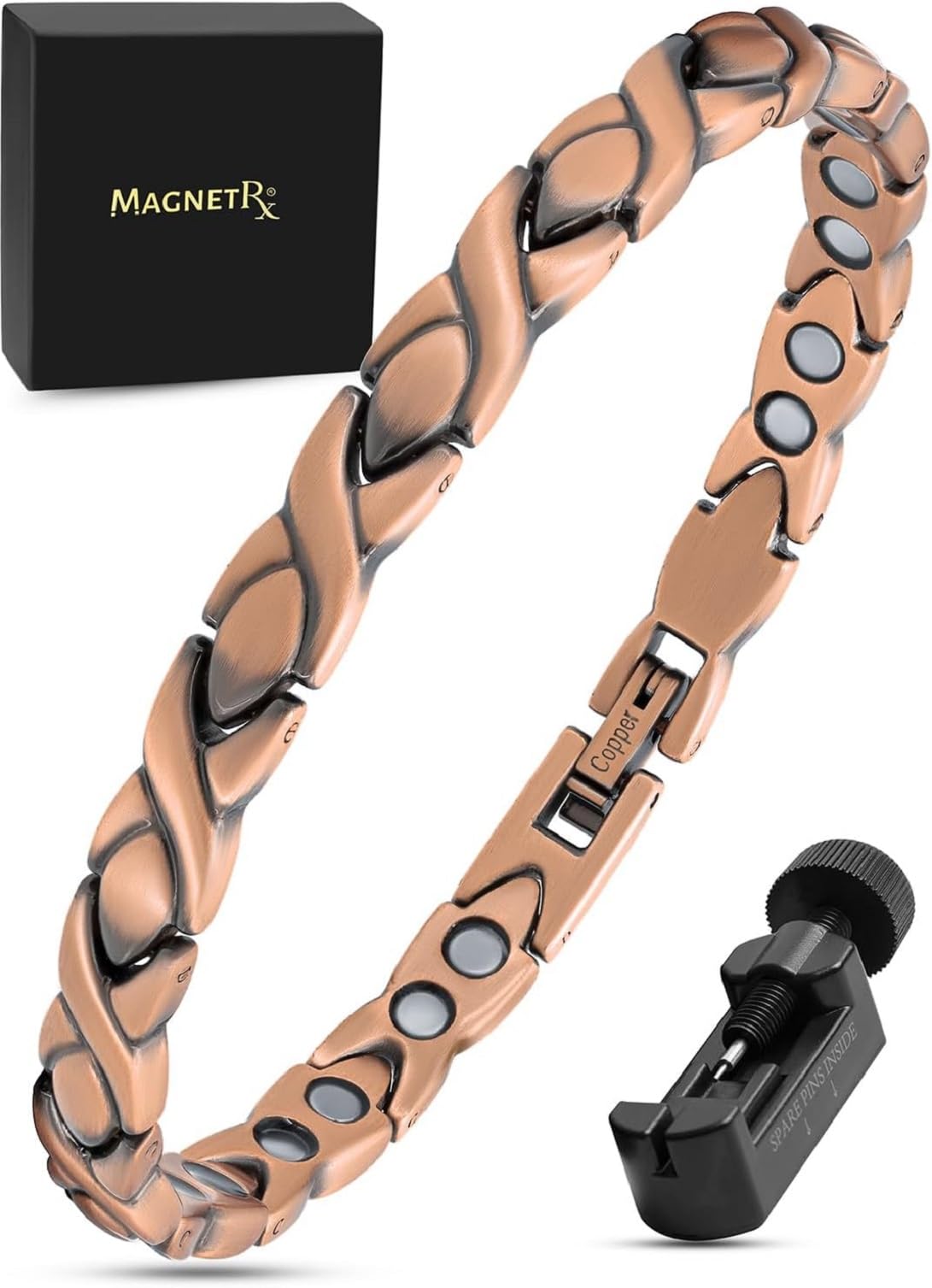 Pulsera de Cobre Puro Mujer MagnetRX – Pulsera Magnética Ajustable Terapéutica con Herramienta de Talla (Estilo XO)