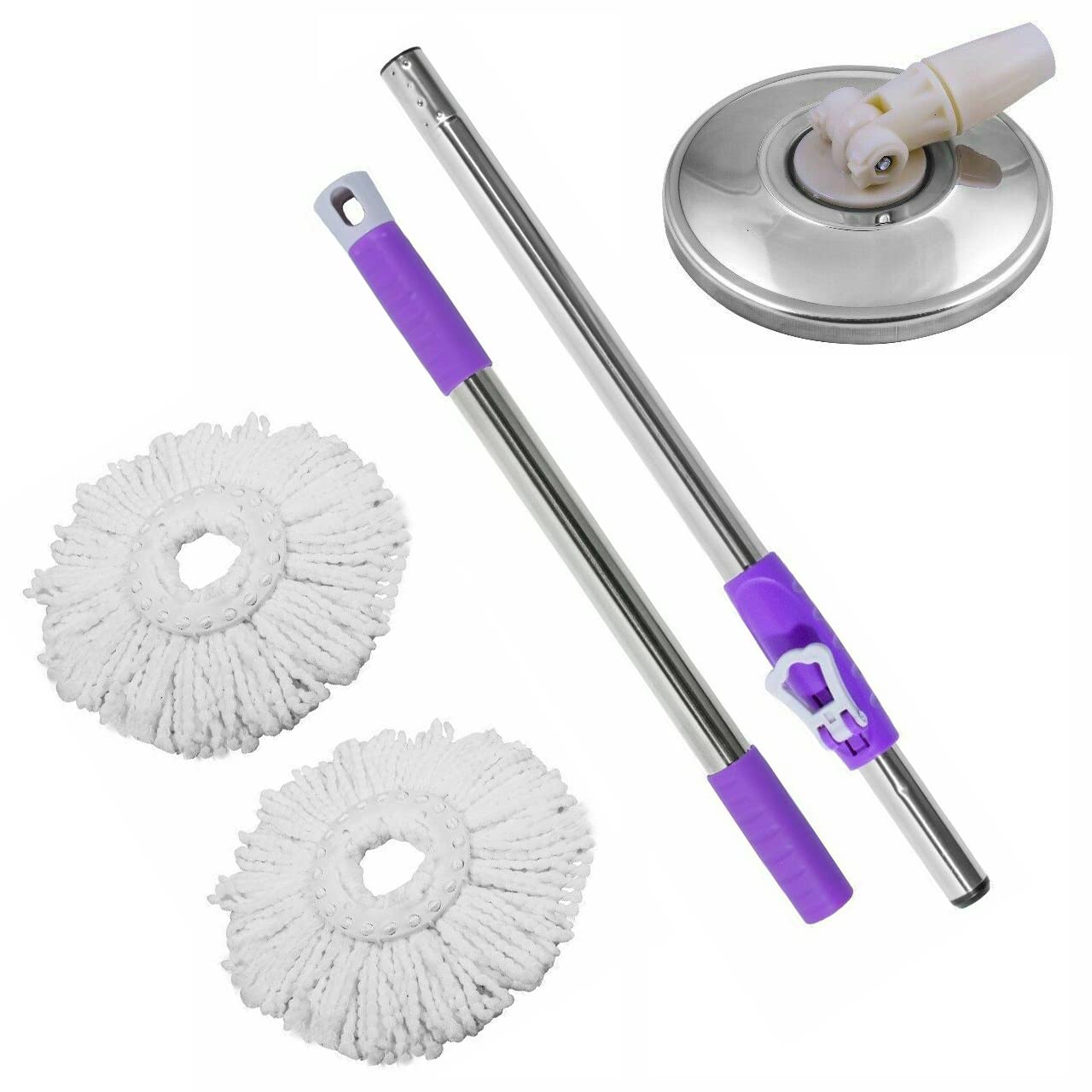 Neez Mop Handle Set with 2 Microfibre Mop Heads, Home Cleaner Super Absorbent Stainless Steel Adjustable Height Handle (Purple Mop Handle Set)