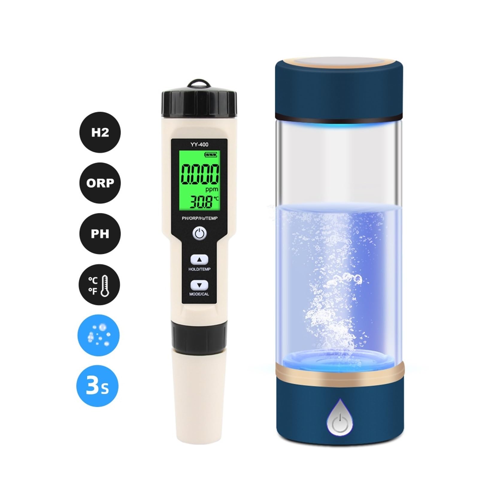 Digital PH ORP H2 TEM Analizar Monitor Medidor Atc Detector Generación Hidrógeno Agua Generador Botella(H2 Cup)