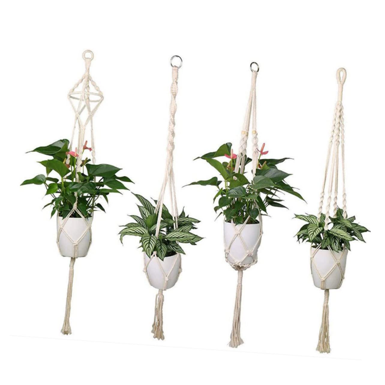 UPKOCH Makramee Blumentopfhalter aus Baumwollseil mit Aufhängeöse 4 Stück Beige Dekorativ für Wand und Zuhause