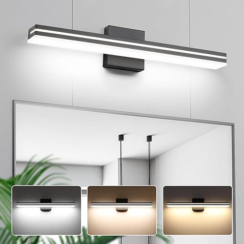 SineRise Barra de luz LED moderna para tocador de baño (24 pulgadas, 3000 K4000 K6000 K), negro mate, regulable, moderno, acrílico, accesorios de