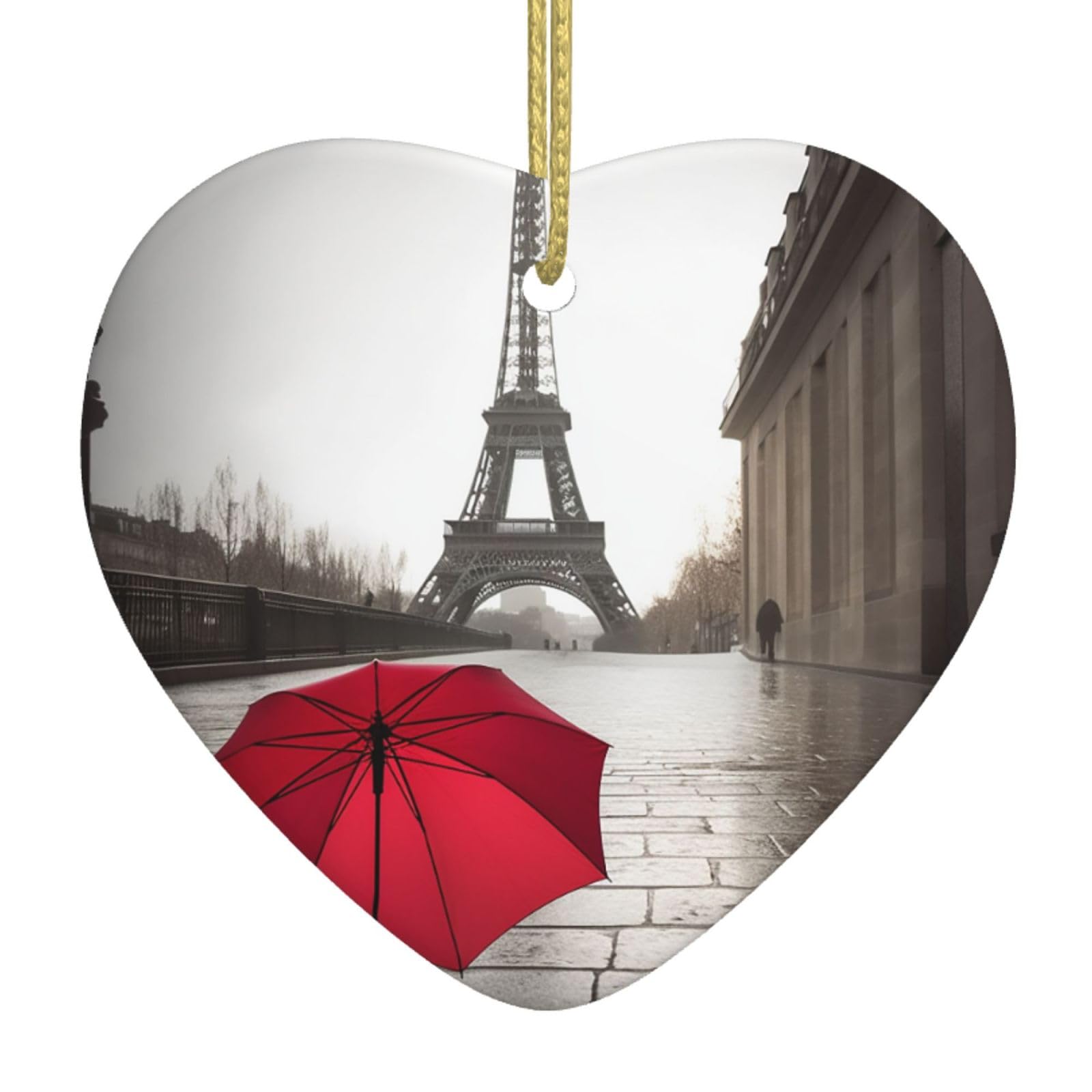 Ceramic Christmas Tree Hanging Ornaments with Gold Ropes Christmas Tree Decorations Heart Ceramic Eiffel Tower Paris Street Red Umbrella Pendant Keepsake Decorations for Holiday Xmas Gift Ideas
