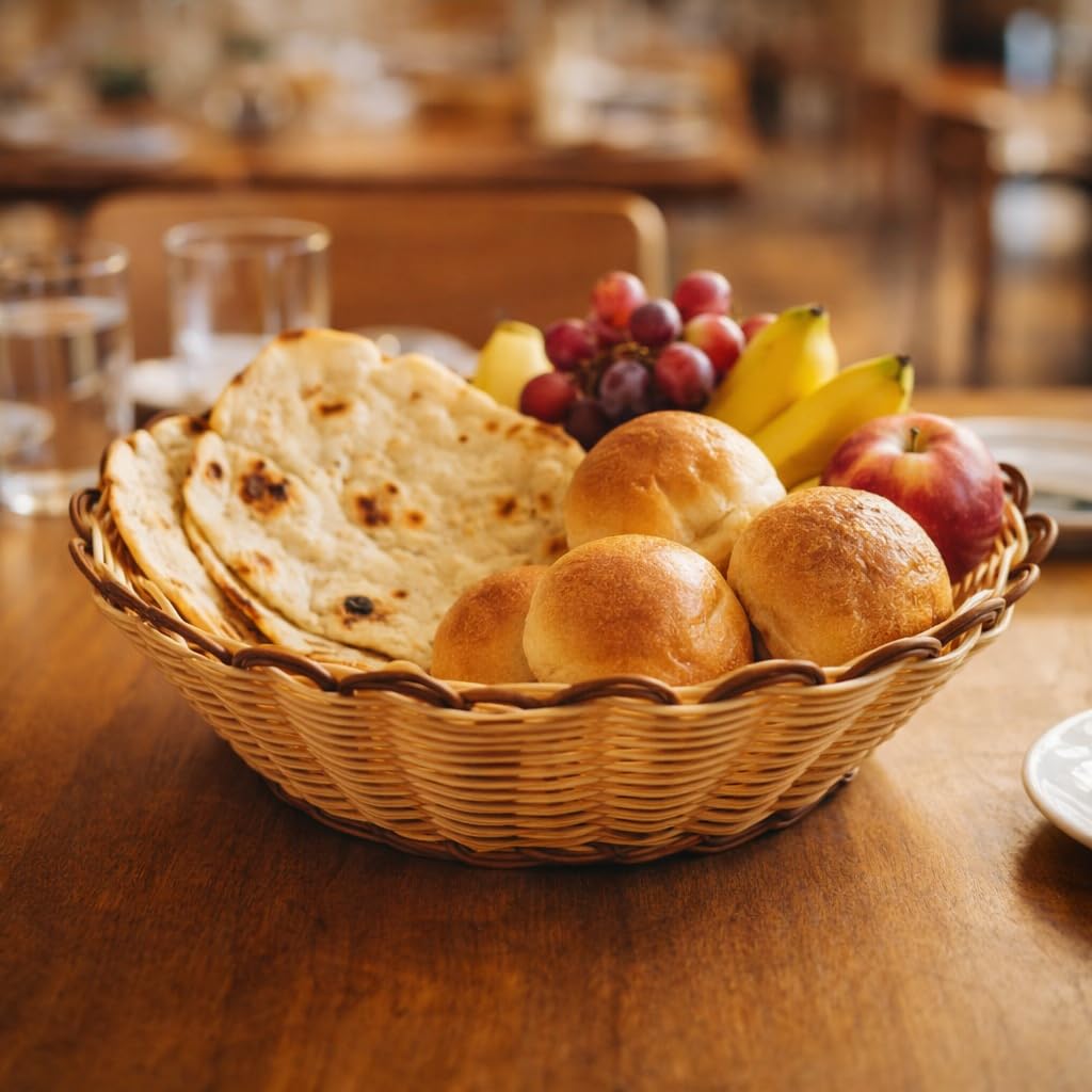Gurubhai Equipments Multi-Use Wicker Serving Basket for Bread, Fruits & Snacks | Round Rattan Style Food Basket | Table Organizer for Home, Restaurants, Cafes & Hotels 3