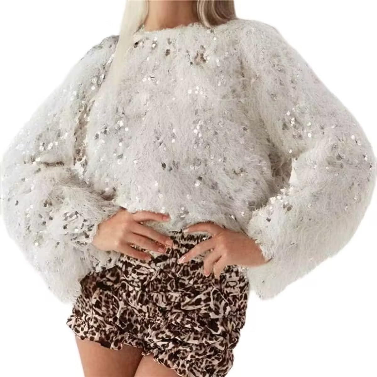 Women Flared Long Sleeve Sequin Top Sheer Mesh Sparkly Crew Neck Knit Sweater Top Fall Y2K Party Club