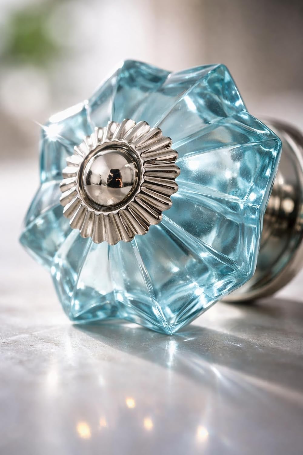 Turquoise Crystal Glass Cabinet Knobs – Decorative Drawer Pulls with Silver Metal Base, Vintage Flower Design for Kitchen Cabinets, Dresser, Wardrobe & Furniture (Set of 6)