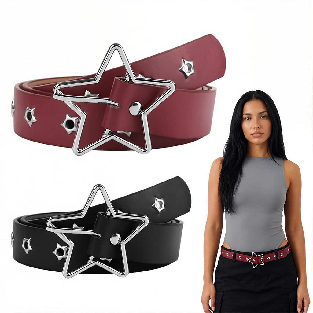 2Pcs PU Belts for Women Punk Waist Belt, Metal Rivet Jeans Belt with Star-Shape Metal Buckle, Pin and Tuck Adjustable PU Waist Belt for Pants and Denim, Black & Red-image-23
