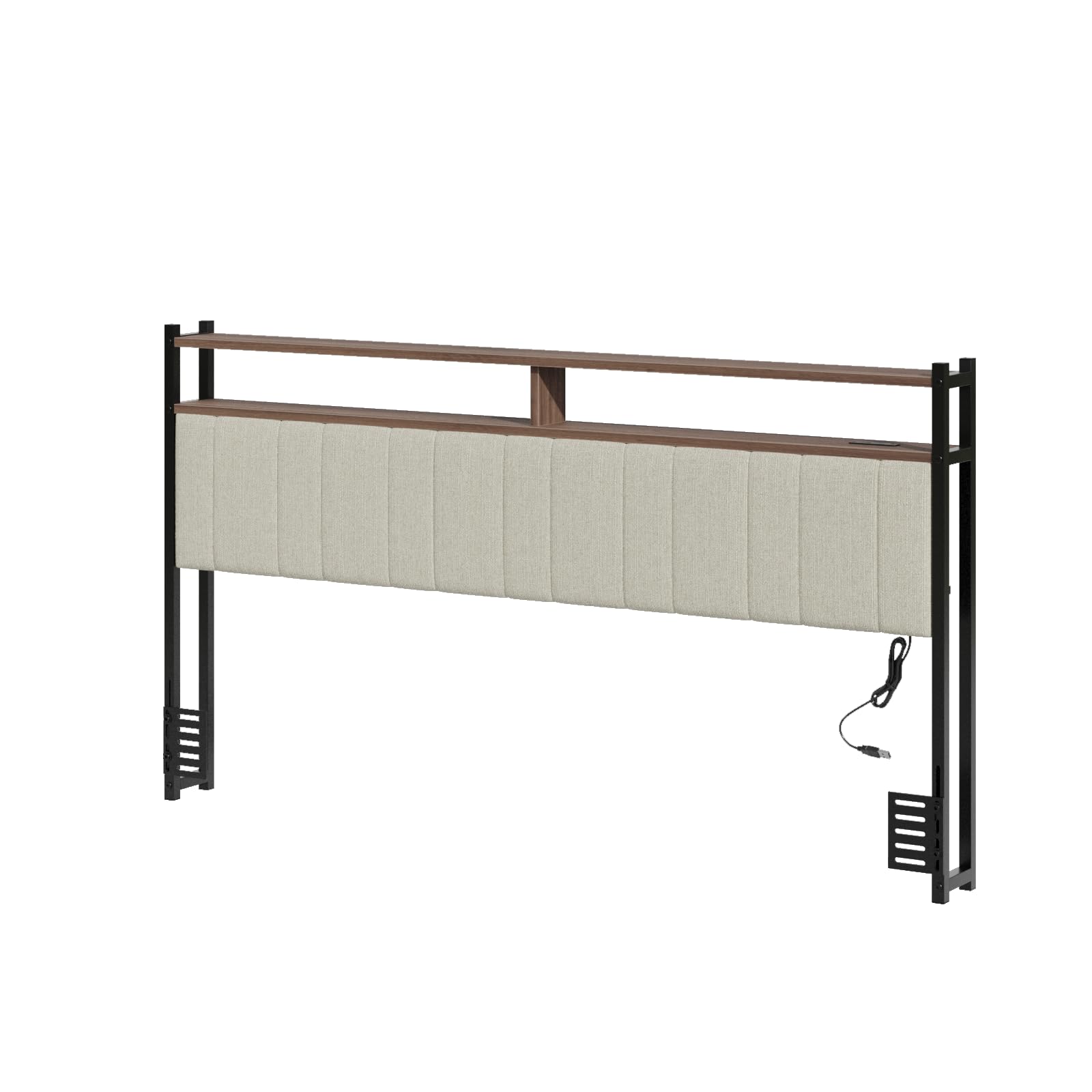 Full Size Headboard withOutlets, Headboards with Storage Shelf -Metal Frame & Wood Shelf Bed Frame ForBedroom, Headboard Adjustable Hole