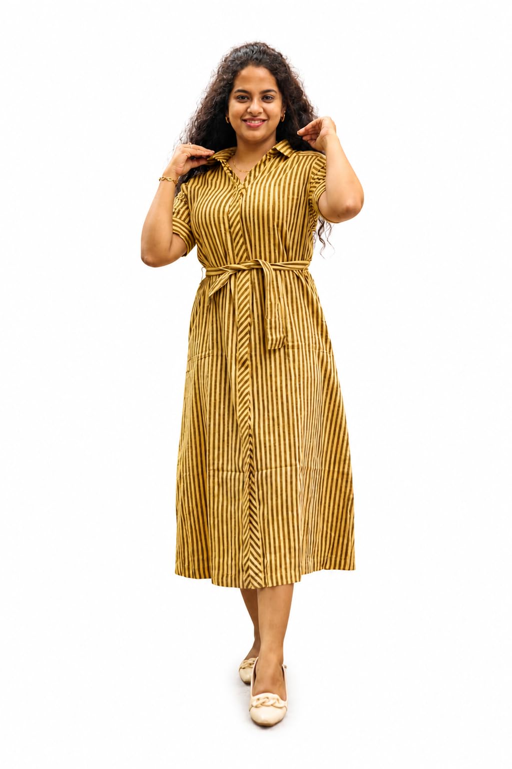 Tanjari Khadi Cotton Striped Midi Dress for Women | Green & Sandal Fit and Flare Frock with Belt | Elbow Sleeve Casual Shirt Collar Summer Cotton Dress-image-36