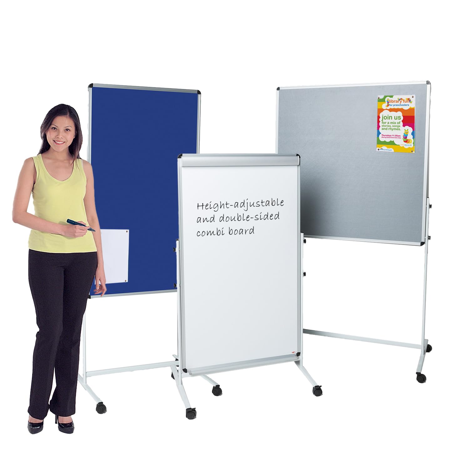 Mobile Noticeboard in Grey | Dual-Sided Combination Easel with Dry-Wipe Whiteboard on Reverse | Height Adjustable - Ideal for Office, School Presentation (H) 100 x (W) 100cm