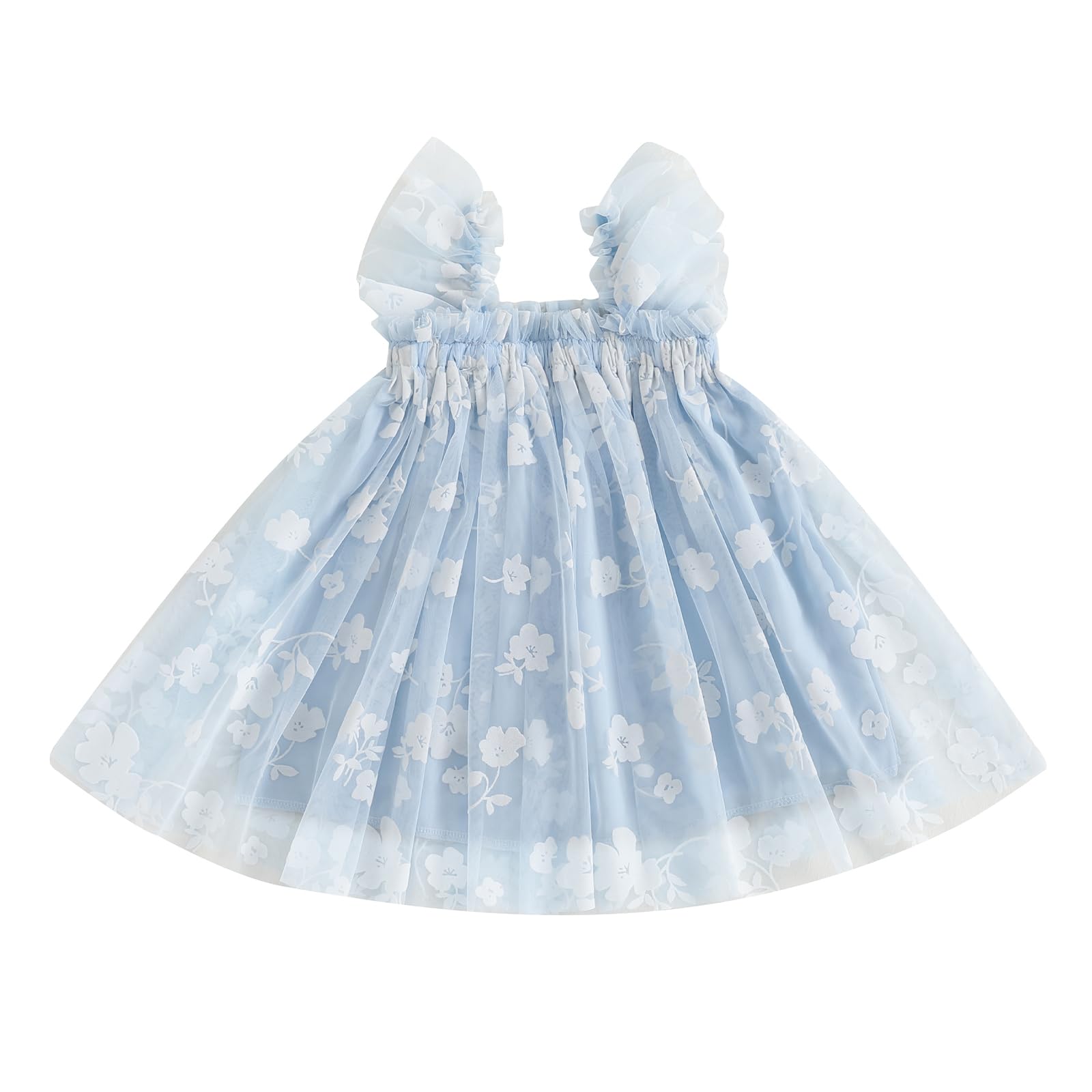 Toddler Baby Girl Summer Tulle Dress Sleeveless Strap Floral A Line Princess Dress Cute Birthday Party Tutu Sundress (Blue + White Flower, 12-18 Months)