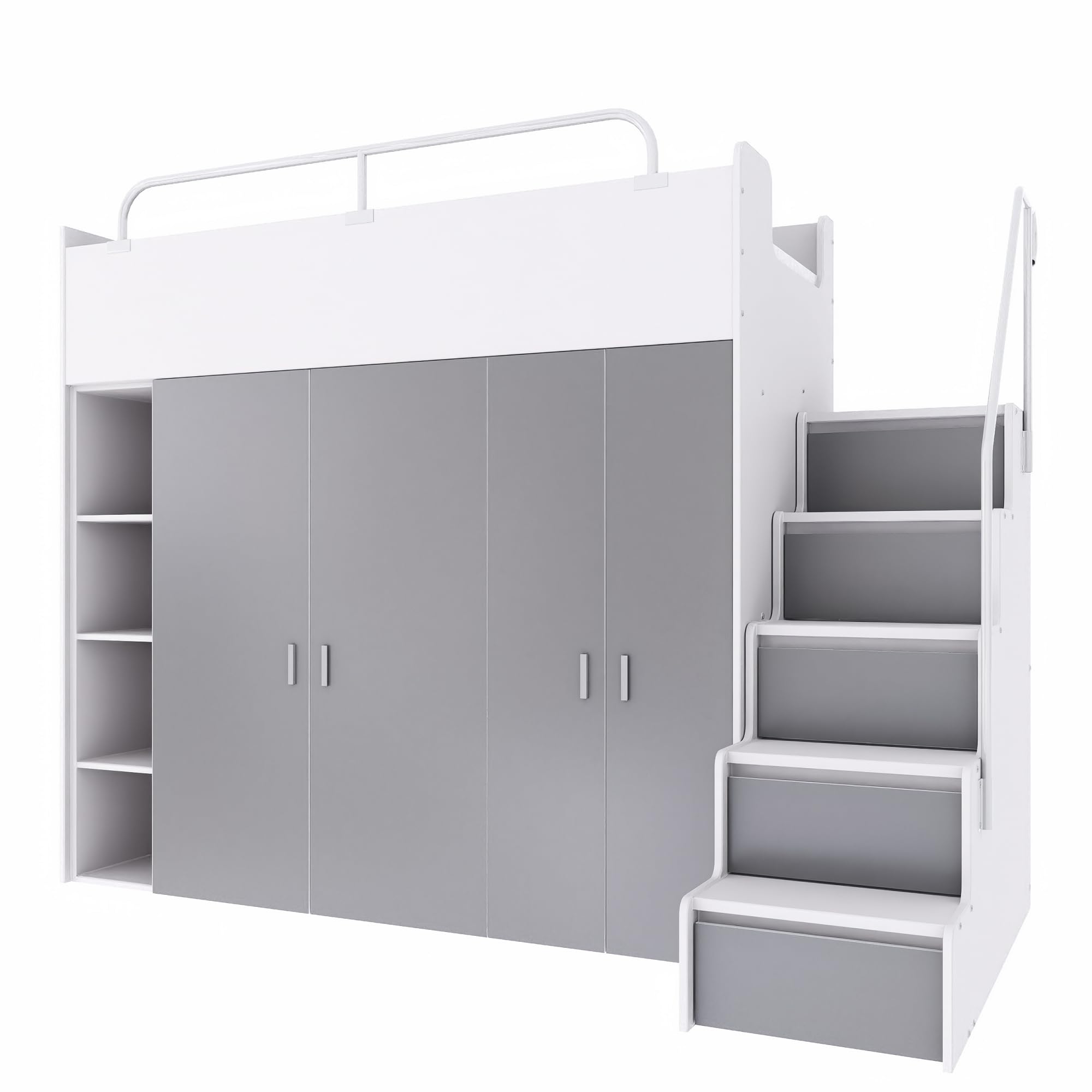 Hochbett Kinderbett JSM-2 80x190 mit Zwei Kleiderschränken, Bücherregal und Treppe Matt Etagenbett Stockbett Jugendhochbett (Graphit)