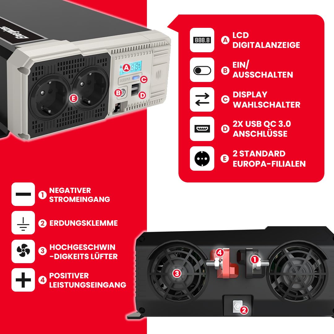 Energizer Inverter da 1100 Watt da 12V a 220V-240V Inverter per auto a onda sinusoidale pura con due prese CA da 220 Volt - 240 Volt, 2 porte USB e cavi batteria