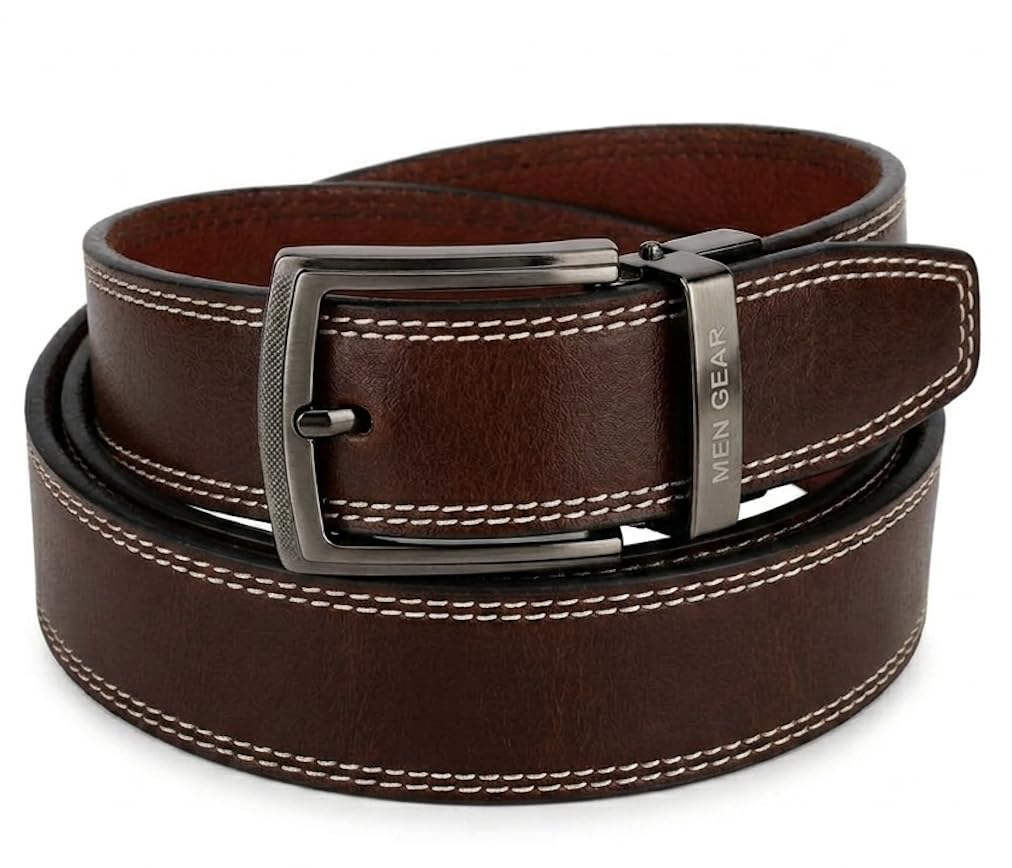 Brown Leather Belt with Contrast Stitching and Metal Buckle-image-0