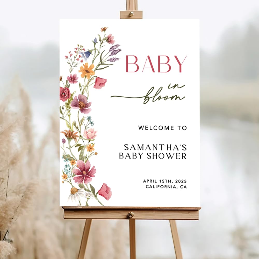 Personalized Baby Shower Welcome Sign, Custom Babys in Bloom Wildflower, Themed Poster for Girl Baby Shower Decorations, Elegant Floral Party Supplies
