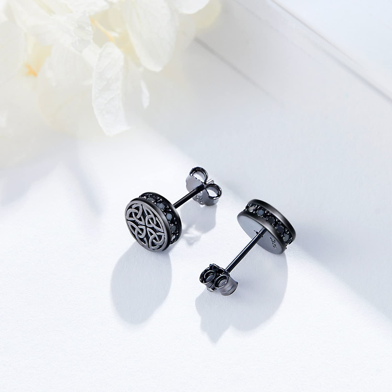 Keltischer Ohrring Sterling Silber Schwarze Ohrstecker Vier Blattklee/Baum des Lebens Ohrringe Nordischer Schmuck Rune Geschenke für Männer Frauen Geburtstag