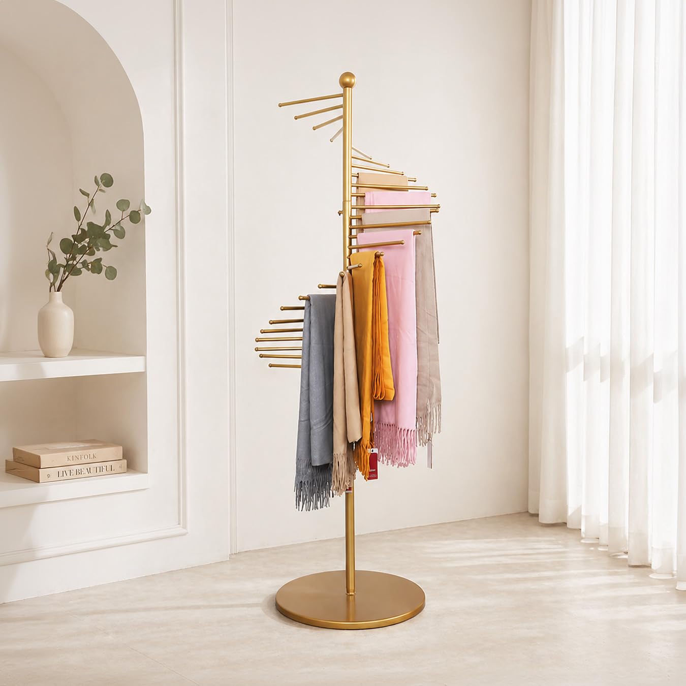 HomeEssentails Freestanding Rotating Scarf & Clothing Rack Stand, Multi-Layer Cloth Organizer with Branch Hooks, Modern Floor-Standing Display Tree for Scarves, Clothes & Accessories-image-7