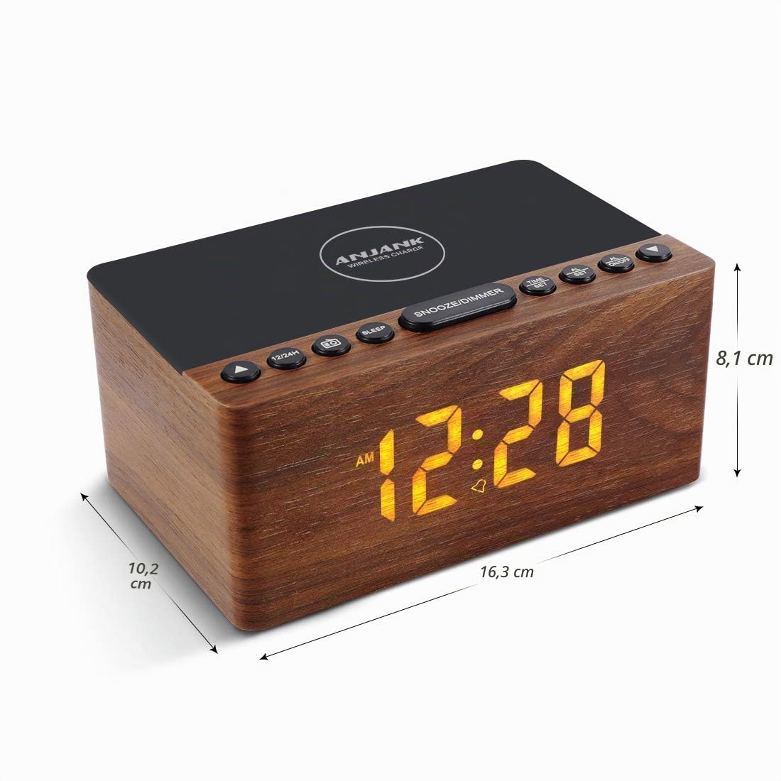 Radio Réveil Numérique en Bois avec Radio FM,Station de Charge sans fil Rapide Pour iPhone/Samsung Galaxy,Alarm Clock et Affichage LED,Variateur à 5 Niveaux,Port USB,Minuterie de Sommeil, Marron
