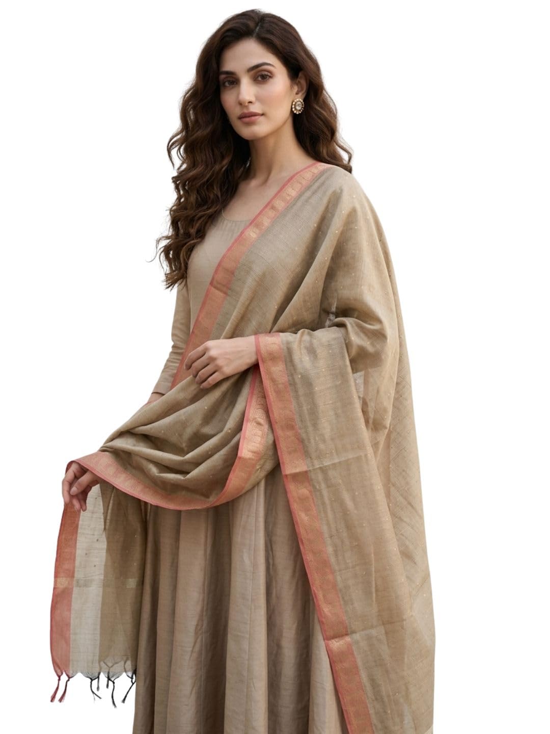 dupatta bazaar Women's Banarasi Silk Blend Dupatta with Zari Weaving | Ethnic Motif Woven Design Fringed Border Traditional Dupatta for Festive Wedding Party (2.4 Meter, Khaki)-picture-37