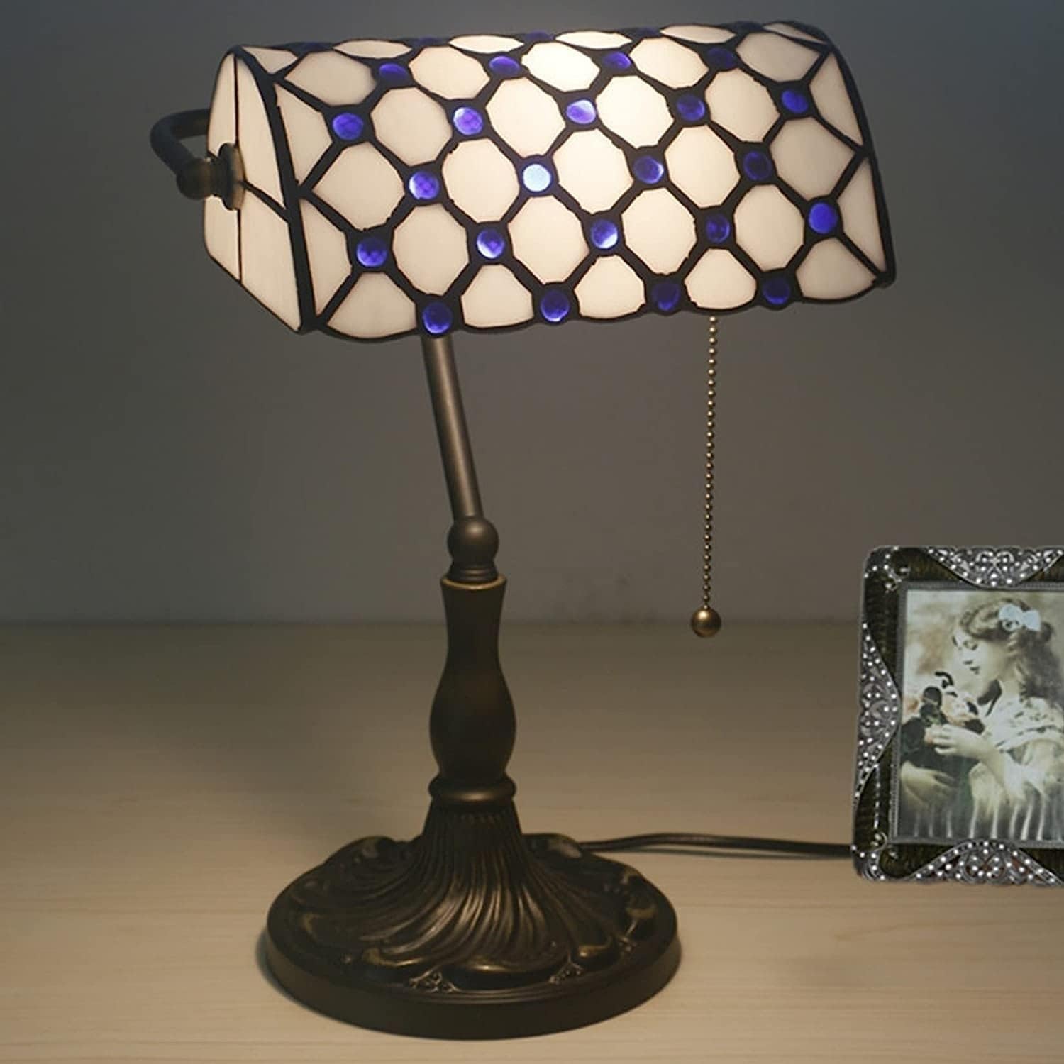 Bankiers Tischlampe, farbige Glaslampe, Kristallperlenschreibtischlampe, Schlafzimmer in der Nacht Leselampe (weiße Blaue Glasperlen Schatten) Innovate