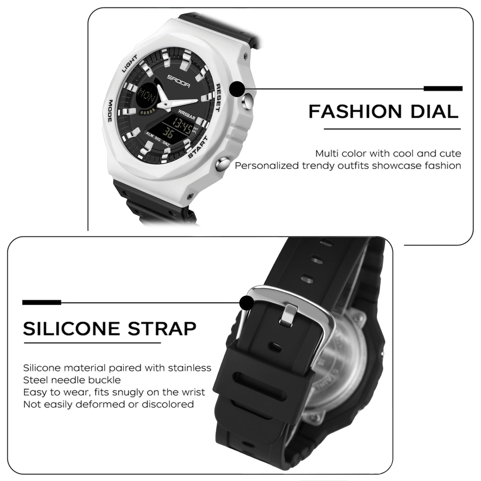 Reloj digital para mujer, reloj deportivo resistente al agua hasta 5 ATM | Relojes de pulsera analógicos con retroiluminación LED, calendario de 12/24 horas