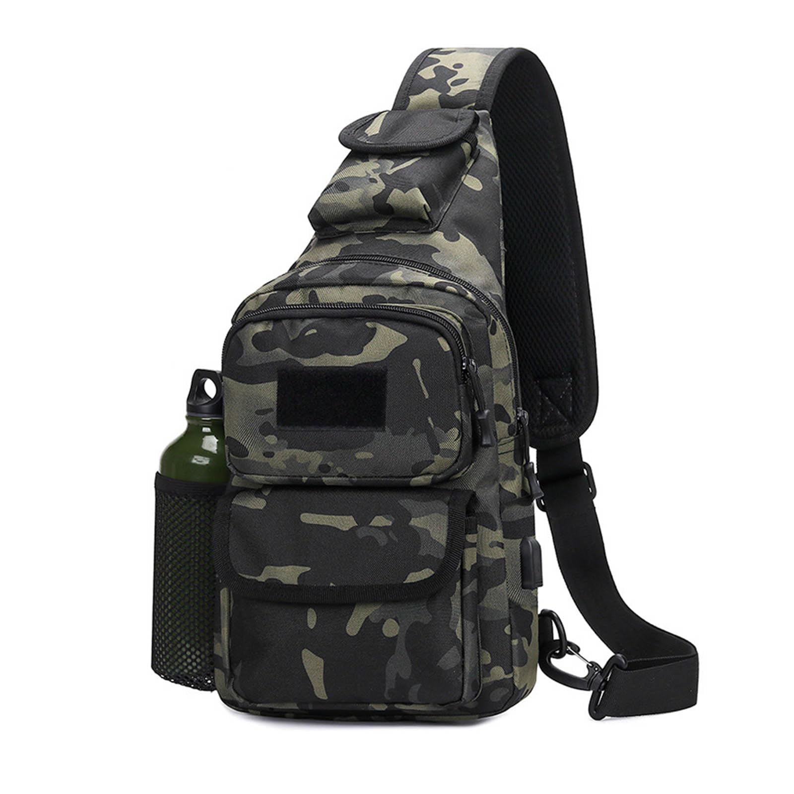 FANDARE Taktisch Brusttasche Military Schultertasche Sling Bag Herren Damen Umhängetaschen mit USB-Ladeanschluss Schultertasche Crossover Rucksack für Reisen Wandern Crossbody Pack Schwarz Camo