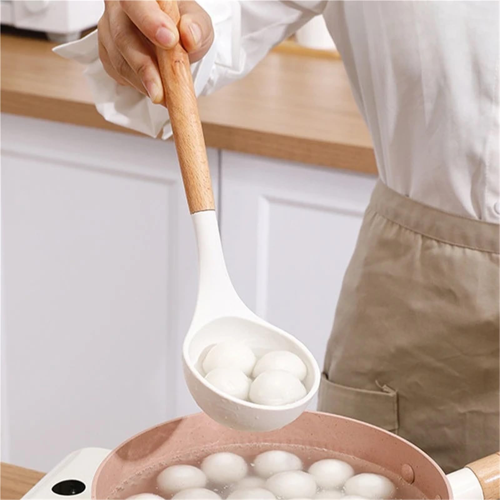 Manico in legno da 8 pezzi, padella antiaderente bianca, spatola in silicone, resistente alle alte temperature, cucchiaio zuppa, set di utensili cucina Per Cucinare