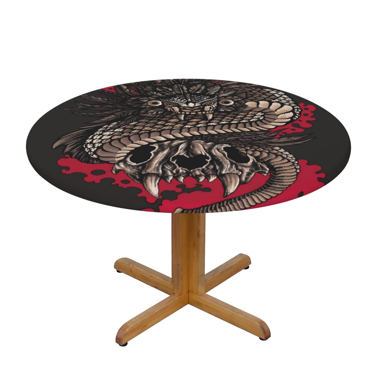 Lsjuee Round Fitted Tablecloth 40-44in Elastic Edged Table Cloth for Kitchen Dining Party Home Decor - Tribal Mayan Dragon Skull