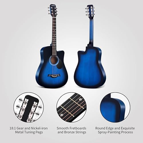 Miniatura 2 de Lankro Kit de iniciación de guitarra acústica para principiantes de 38 pulgadas con tapa de tilo azul con bolsa de concierto para libros de Negro,