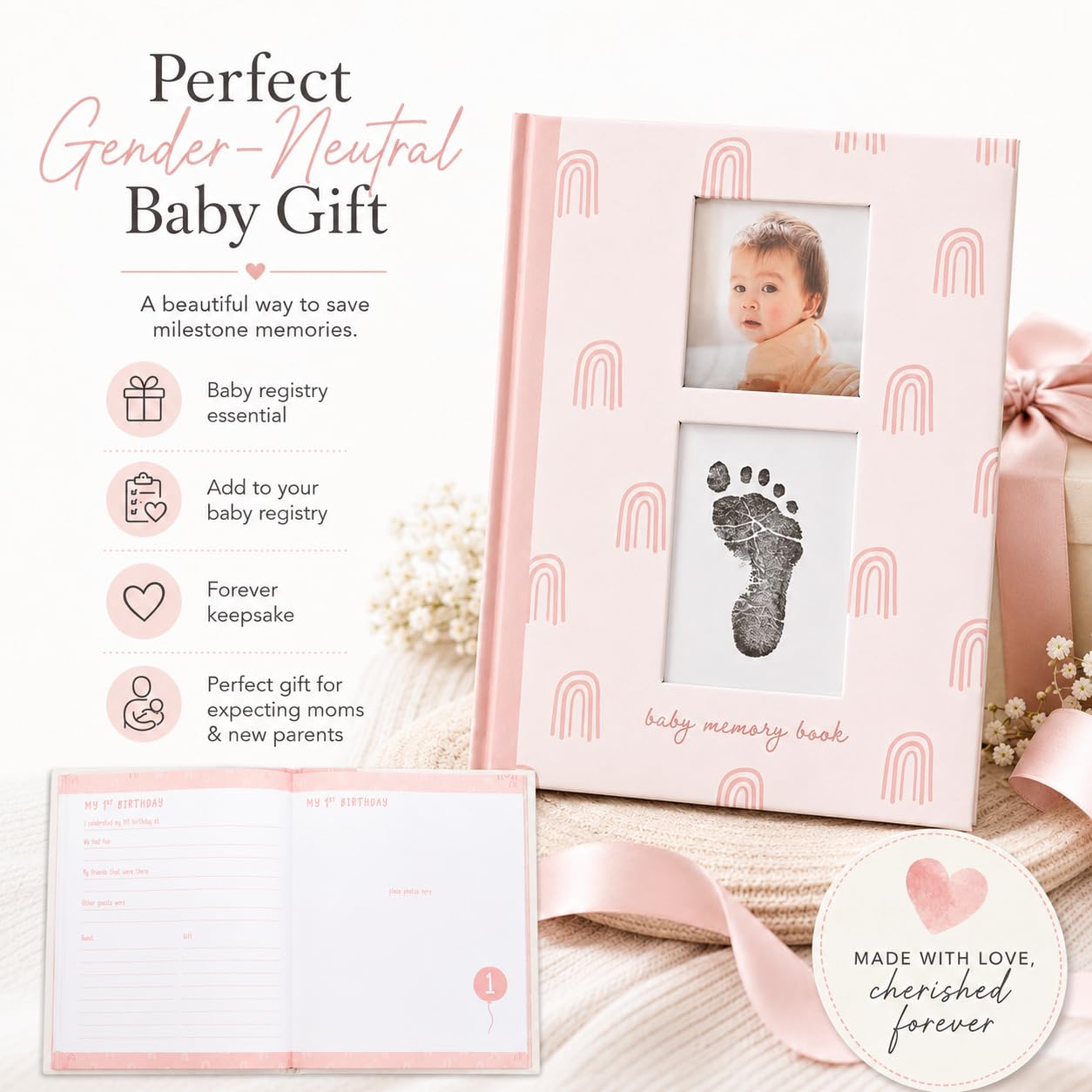 Rainbow First 5 Years Memory Book, Baby Girl Keepsake, Baby Meilensteinbuch, Schwangerschaftstagebuch, mit Stempelkissen für Neugeborene Handabdruck oder Fußabdruck, Rosa Regenbogen