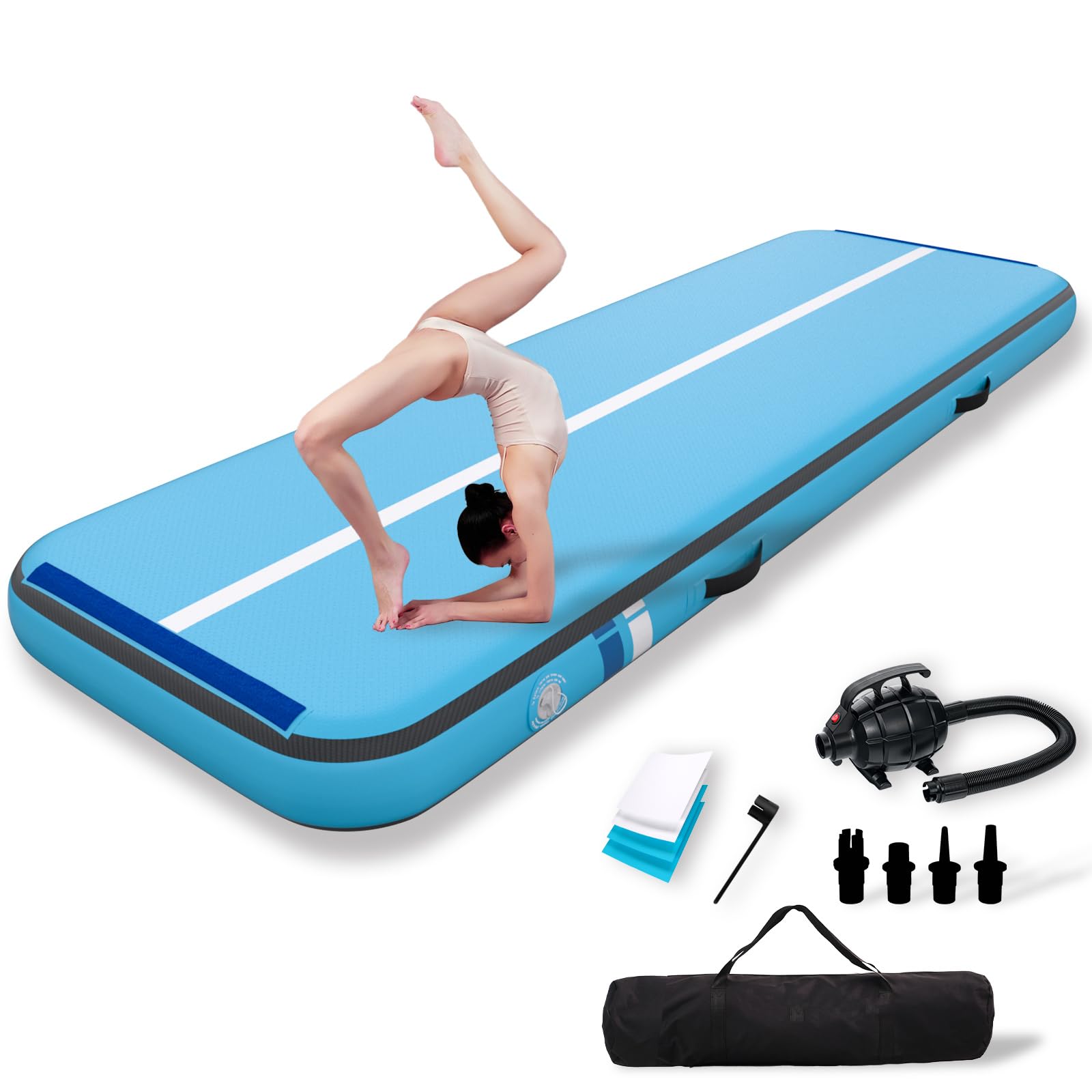 Inflatable Gymnastics Mat 10ft/13ft/16ft/20ft L x3.3ft W x8" Thick Non-Slip Air tumbling Track Mat for Home & Outdoor Training | Includes Pump & Carry Bag - Durable & Safe for Kid & Adult