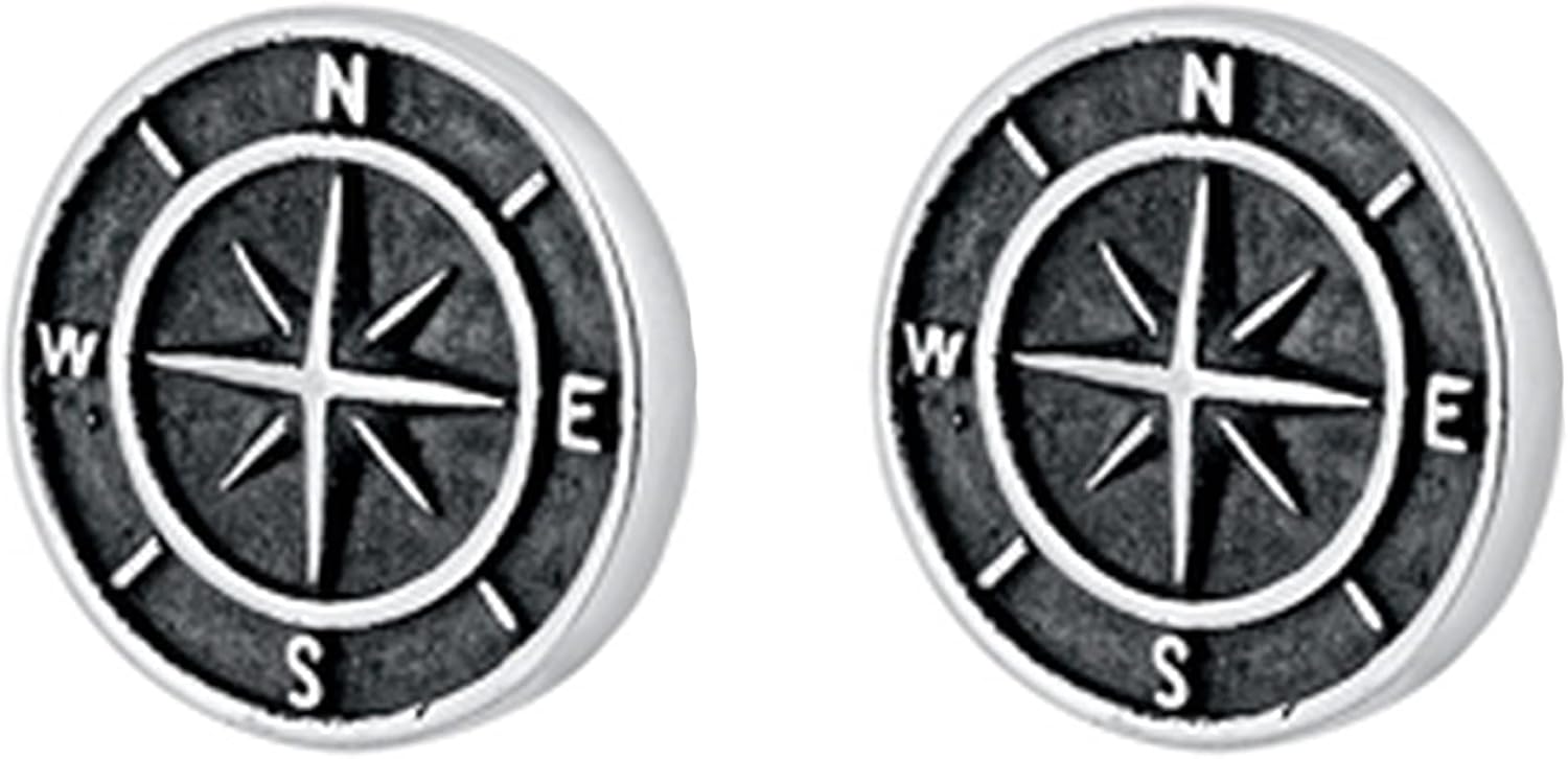 Antique Compass 925 Sterling Silver Stud Earrings Push Back
