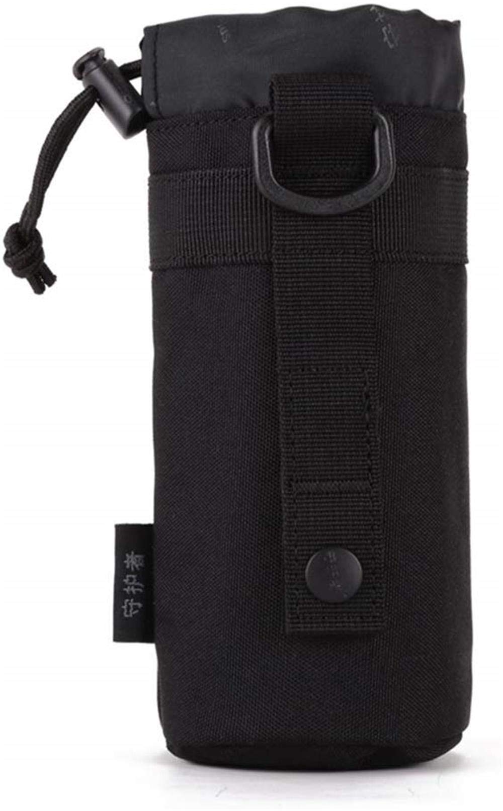 DerRose Upgraded Tactical Military MOLLE Water Bottle Pouch, Drawstring Open Top & Mesh Bottom Travel Water Bottle Bag Tactical Hydration Carrier (Black, classic style)