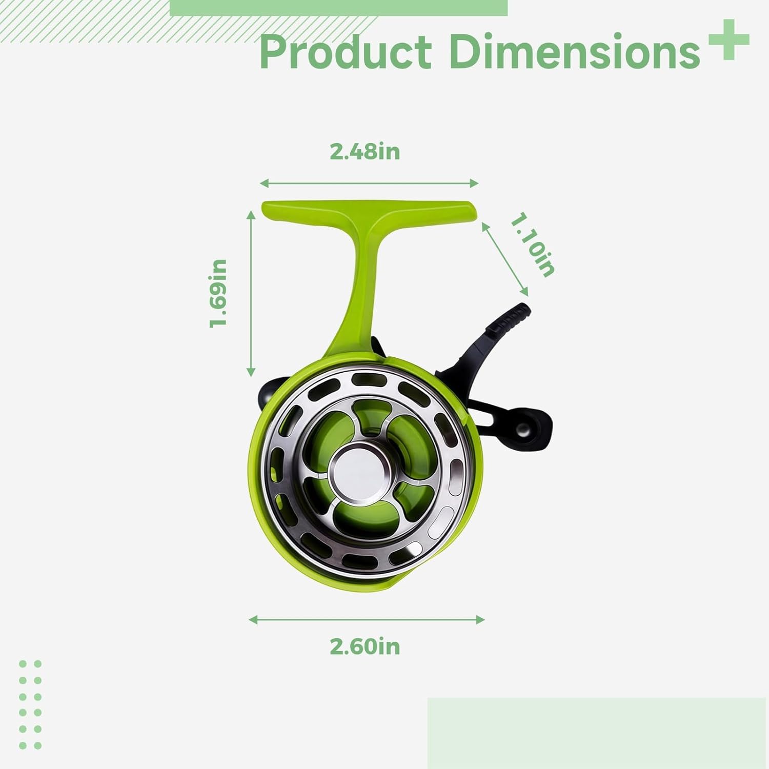 Green Left-Handed Ice Fishing Reel Inline, 2.6 in (6.6 Cm), Alloy Aluminum, Construction Metal Plastic, High Design Seat Foot, 3+1 Bearing, Handle Anti-Slip, Ratio Gear 3.2:1