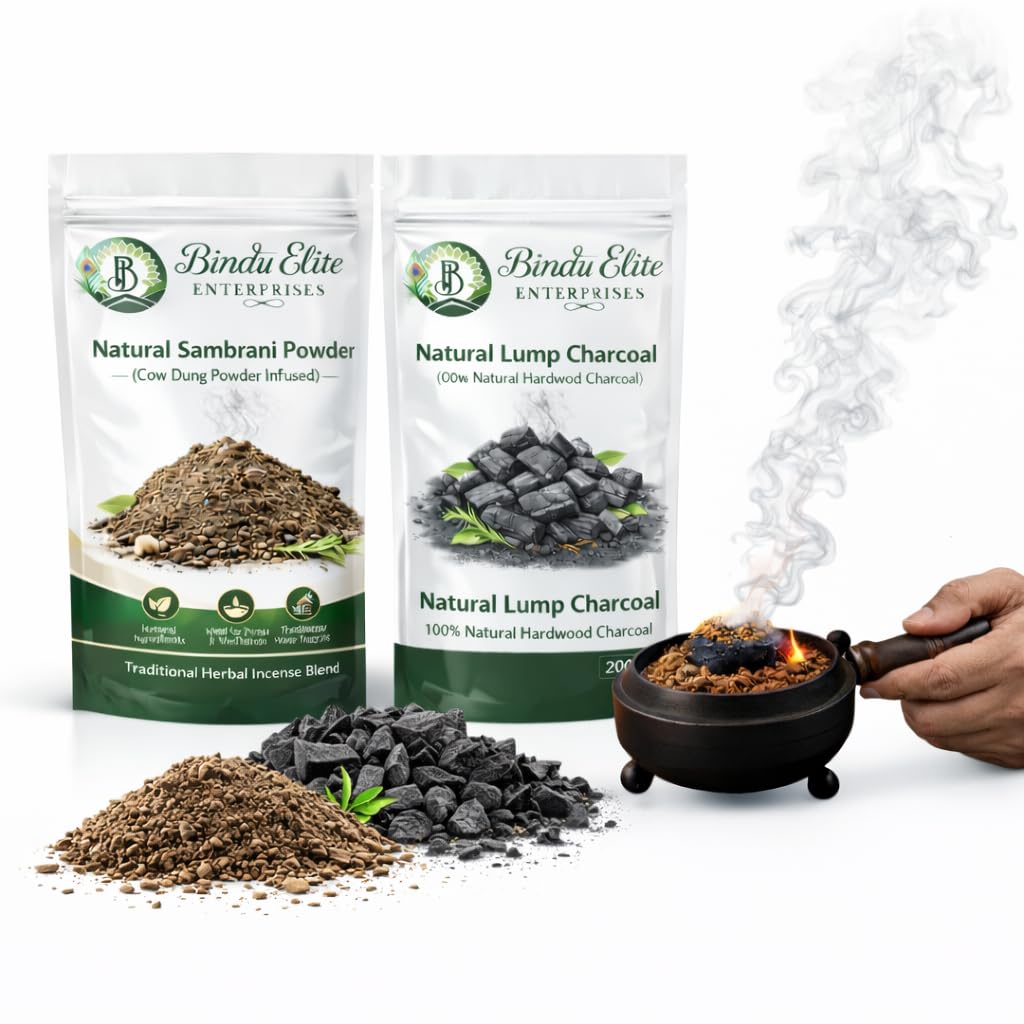 Sambrani Dhoop Kit – Natural Sambrani Powder Mix(Cow Dunk Mixed), Charcoal Lumps & Iron Cup Burner with Wooden Handle – Traditional Pooja Incense Set | Pack of 3-image-10