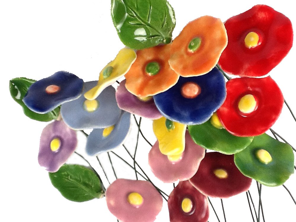 Bouquet of 20 Ceramic Polish Flowers in 10 Colors Plus 2 Ceramic Leaves. 10" Wire Stems
